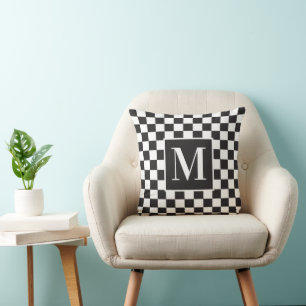 Black And White Checkerboard Pattern Monogram Cushion
