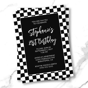 Black and White Checkered Bold 21st Birthday Invitation