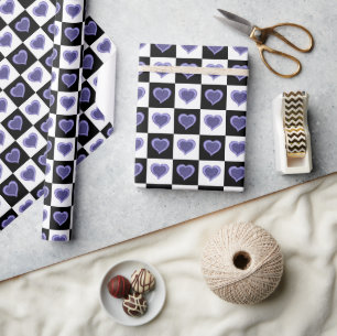 Black and white checkered pattern, purple hearts  wrapping paper