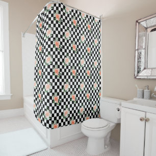 Black and White Checkered & Pink Rose Print Shower Curtain