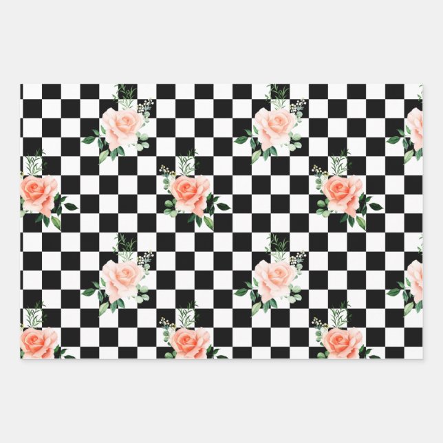 Black and White Checkered & Pink Rose Print Wrapping Paper Sheet (Front)