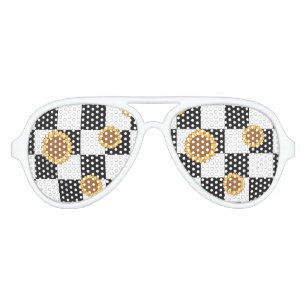 Black and White Checkered & Sunflower Print Aviator Sunglasses