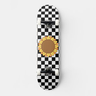Black and White Checkered & Sunflower Print Skateboard