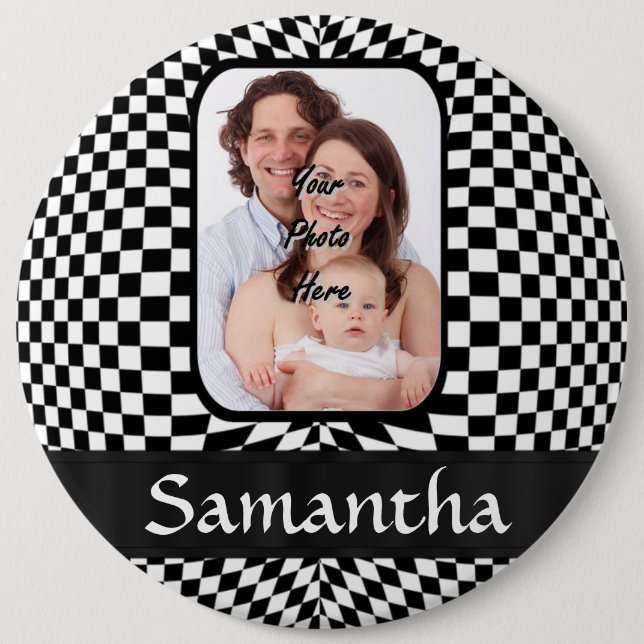 Black and white chequerboard 6 cm round badge (Front)