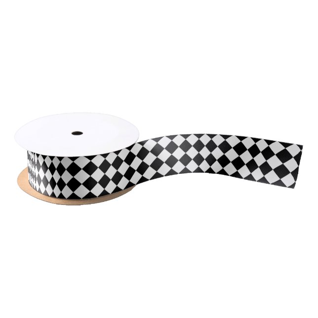 Black And White Chequerboard Chequered Flag Design Satin Ribbon (Spool)