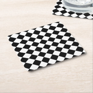 Black And White Chequerboard Chequered Flag Design Square Paper Coaster