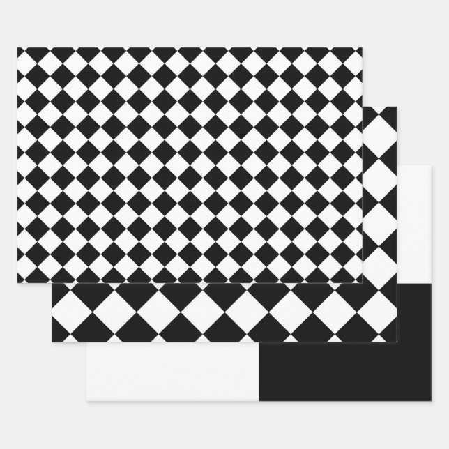 Black And White Chequerboard Chequered Flag Design Wrapping Paper Sheet (Set)