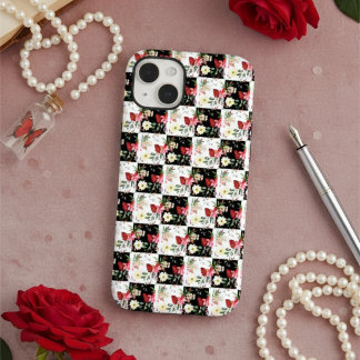 black and white chequerboard chic pink flowers iPhone 14 plus case