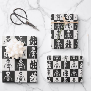 Black and White Chequerboard Halloween Wrapping Paper Sheet