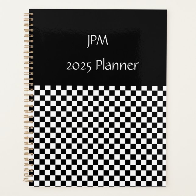 Black and White Chequerboard Pattern Planner (Front)