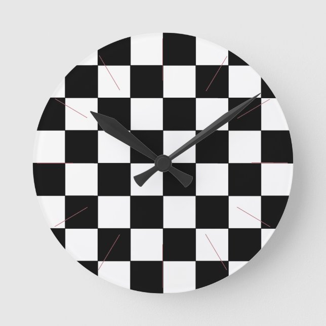 Black and White Chequerboard Retro Hipster 2 Round Clock (Front)