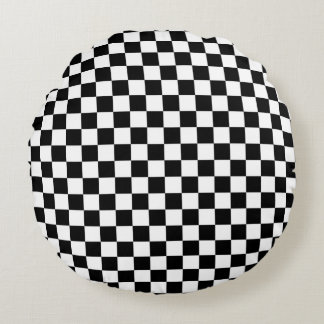 Black and White Chequerboard Round Cushion