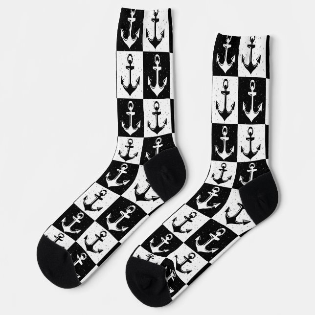Black and White Chequered Anchor Socks (Left)