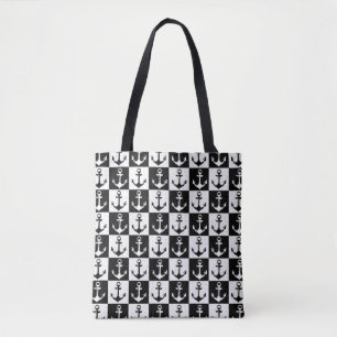 Black and White Chequered Anchor Tote Bag