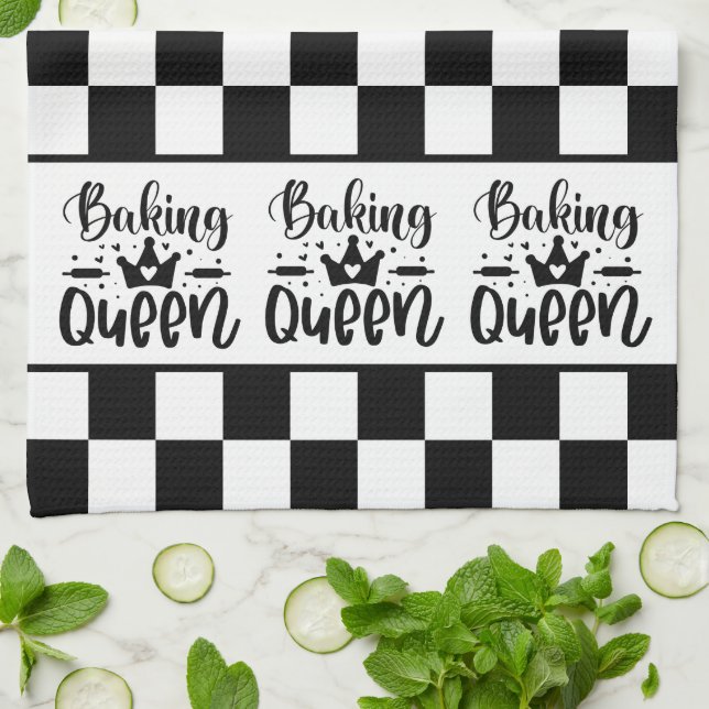 Black and White Chequered Baking Queen Tea Towel (Folded)