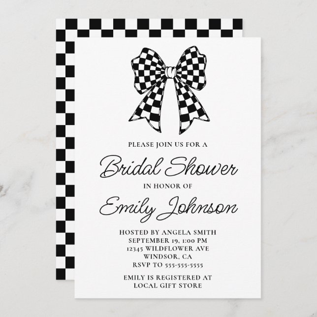 Black and White Chequered Bow Bridal Shower Invitation (Front/Back)