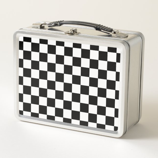 Black And White Chequered Chequerboard Pattern Metal Lunch Box (Front)