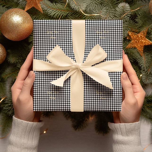 Black and White Chequered Custom Faux Gold Text  Wrapping Paper (Black and White Checkered Custom Faux Gold Text Wrapping Paper)