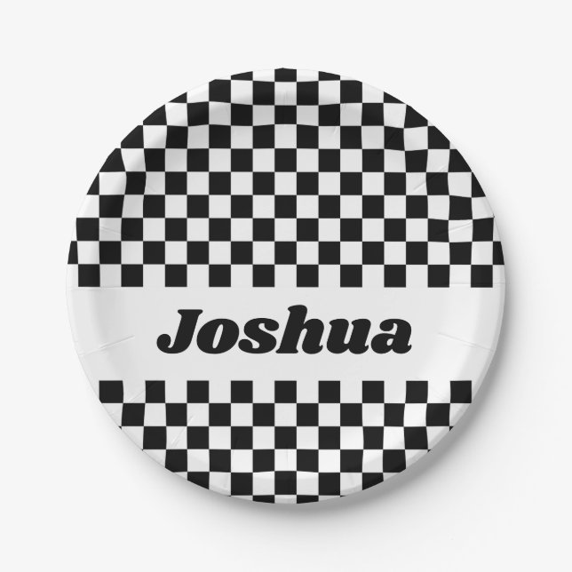 Black and White Chequered Flag Paper Plate (Front)