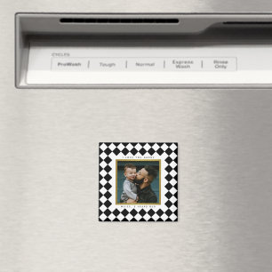 Black and White Chequered Frame with Text Magnet