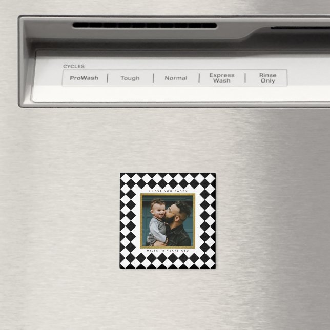 Black and White Chequered Frame with Text Magnet (In Situ (Dishwasher))