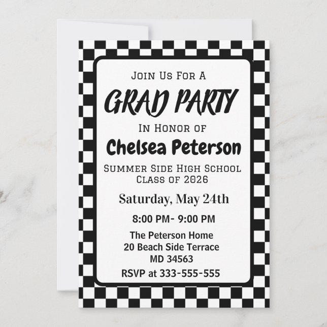 Black and White Chequered Graduation Party Invite (Front)