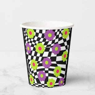 Black and White Chequered Party Cups With Flowers