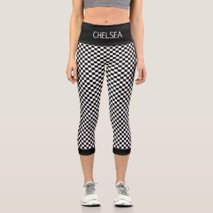 Black and White Chequered Pattern Custom Capri Leggings