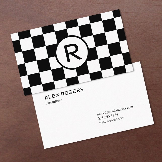 Black and White Chequered Pattern, Custom Monogram Business Card (Black and White Checkered Pattern, Custom Monogram Business Card, front/back in situ)
