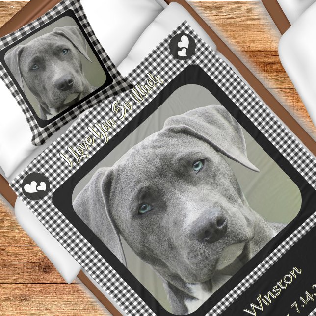 Black and White Chequered Pattern Pet Dog Memorial Cushion (Black and White Gingham Checker Pattern Pet Bereavement Pillow / Favorite Pet Photo Gift)