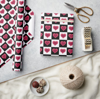 Black and white chequered pattern, red hearts  wrapping paper