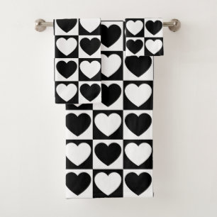 Black and White Chequered Pattern With Hearts Bath Towel Set