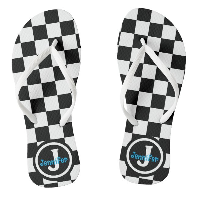Black and White Chequered Personalised Jandals (Footbed)