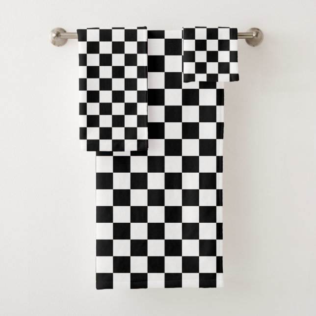 Black and White Chequered Print Bath Towel Set (Insitu)