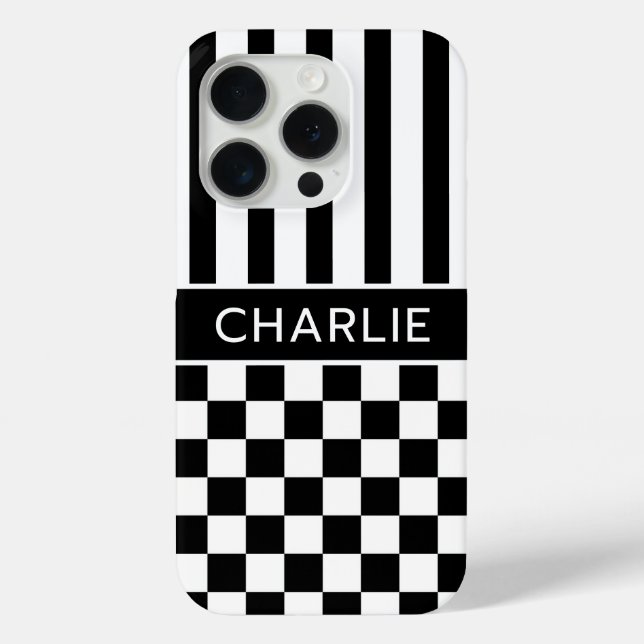 Black and White Chequered Striped Personalised Case-Mate iPhone Case (Back)