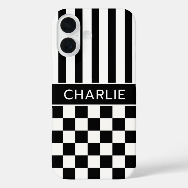Black and White Chequered Striped Personalised Case-Mate iPhone Case (Back)