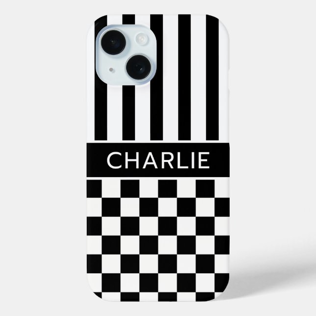 Black and White Chequered Striped Personalised Case-Mate iPhone Case (Back)