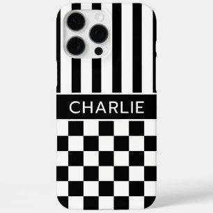Black and White Chequered Striped Personalised iPhone 16 Pro Max Case