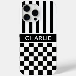 Black and White Chequered Striped Personalised iPhone 15 Pro Max Case
