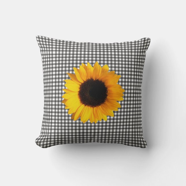 Black and White Chequered & Sunflower Cushion (Front)