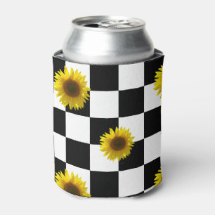 Black and White Chequered & Sunflower Print Can Cooler