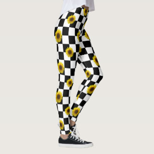 Black and White Chequered & Sunflower Print Leggings