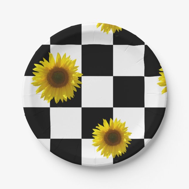 Black and White Chequered & Sunflower Print Paper Plate (Front)