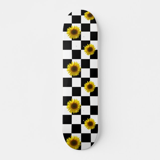 Black and White Chequered & Sunflower Print Skateboard (Front)