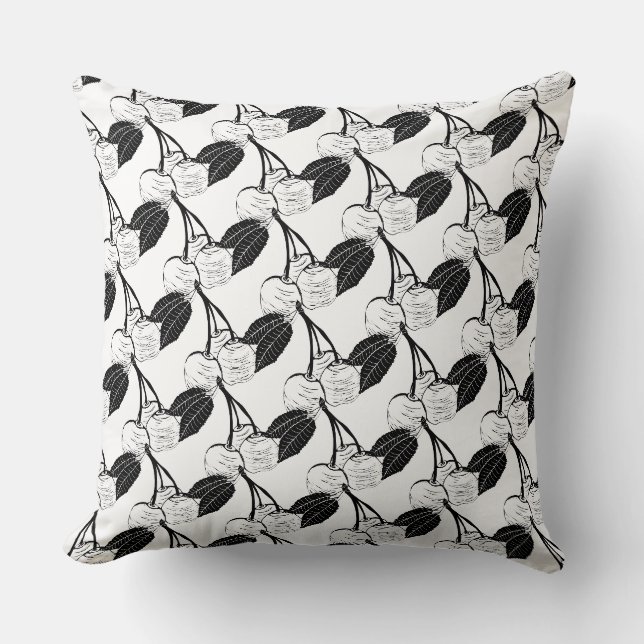 Black and White Cherries Woodcut Cushion (Front)