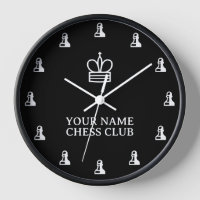 Black and white chess club wall clock with pawns