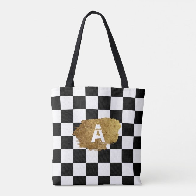 Black and White chess gold badge Monogram Tote Bag (Back)
