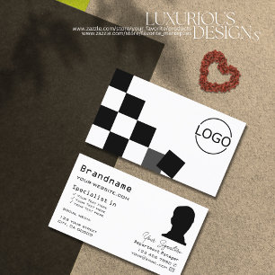 Black and White Chessboard with Logo & Photo Chic Business Card