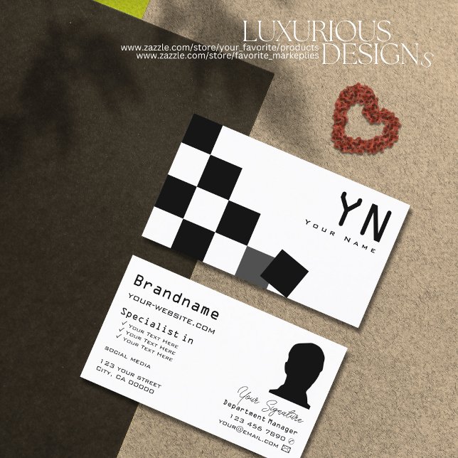Black and White Chessboard with Monogram & Photo Business Card (Creator Uploaded)