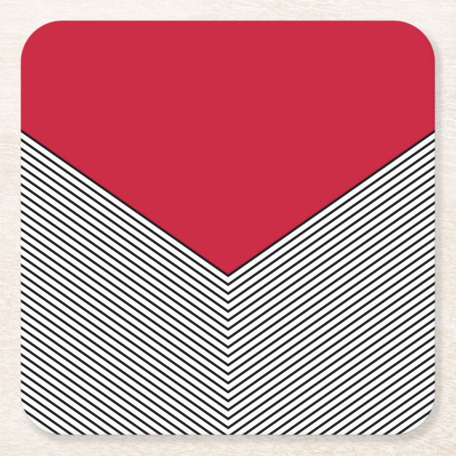 Black and white chevron design and red triangle square paper coaster (Front)